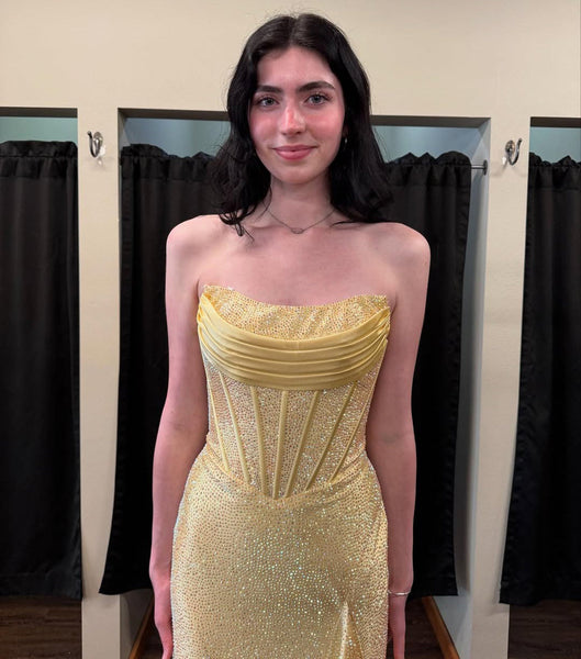 Mermaid Strapless Yellow Beaded Long Prom Dresses for Women Party Gowns VK25101405