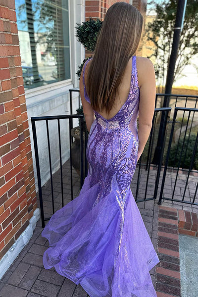Purple Mermaid V Neck Sequin Appliques Long Prom Dresses VK23111103
