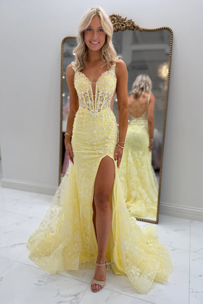 Mermaid V Neck Yellow Tulle Appliques Long Prom Dresses with Slit VK26012604
