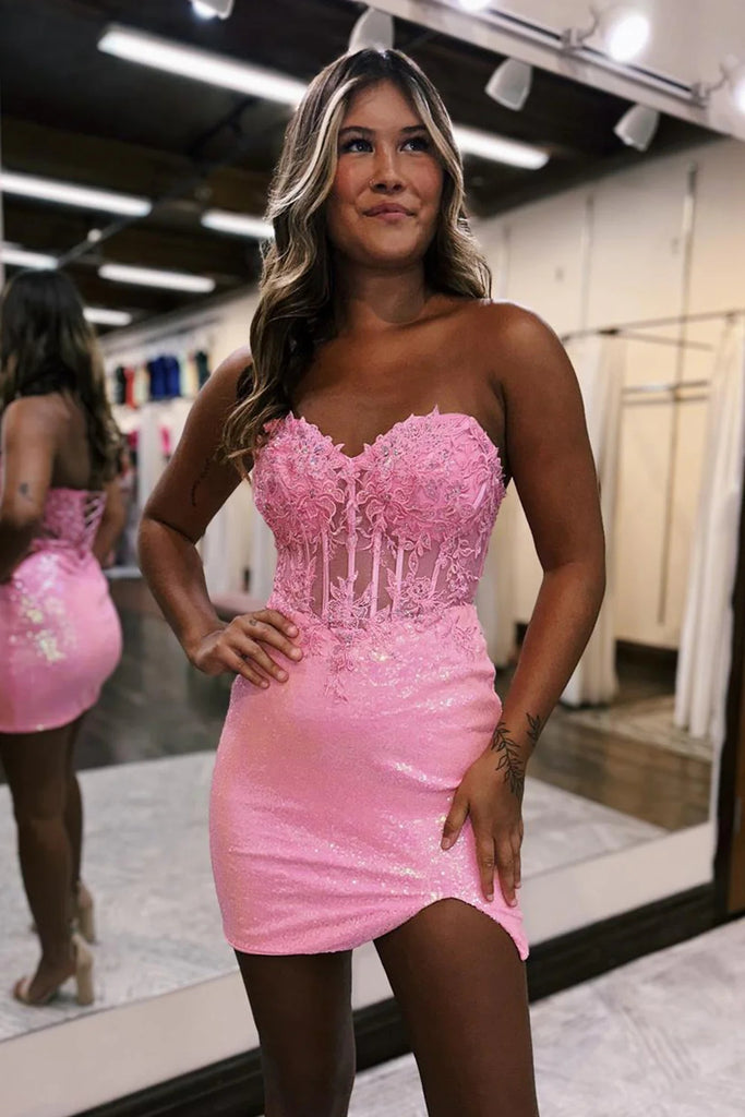 Pink Lace Strapless Pink Sparkly Homecoming Dress With Knee Length Corset  Back And Pockets Elegant Kneveless Prom Party Gown For Women From  Dyy_dress88, $99.5