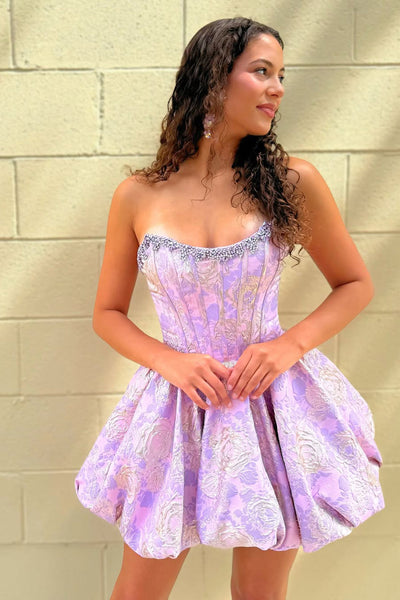 Sweet A Line Scoop Neck Jacquard Satin Homecoming Dress with Beading VK26060807