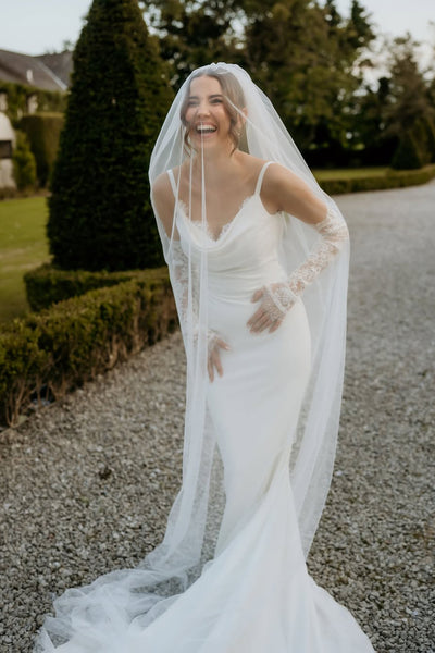 Simple Mermaid Cowl Neck Silk Satin Wedding Dresses with Appliques VK25092302