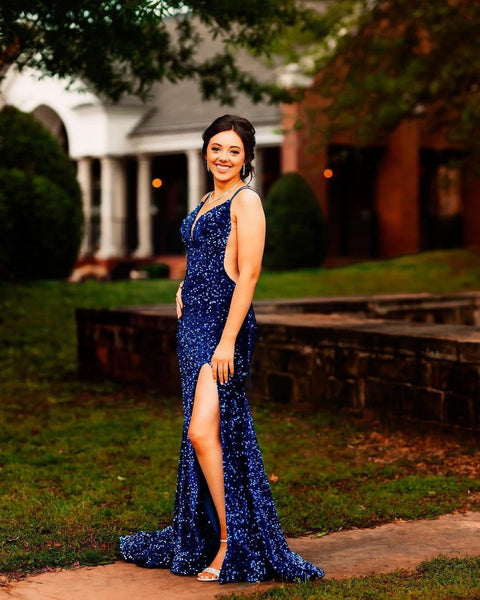 Sparkly Mermaid V Neck Starry Blue Sequins Long Prom Dresses with Slit VK23052107