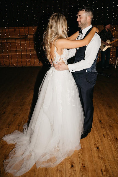 Boho A Line V Neck Tulle Wedding Dresses with Appliques VK25051403