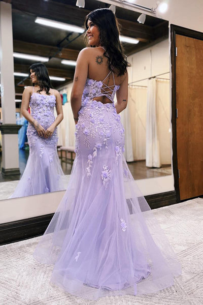 Lilac Mermaid Scoop Neck Long Prom Dress with Appliques VK23100401