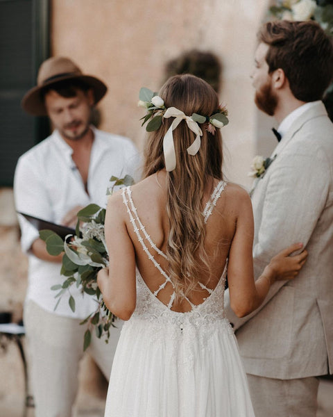 Fairy A Line V Neck Chiffon Long Wedding Dresses with Appliques VK23052603