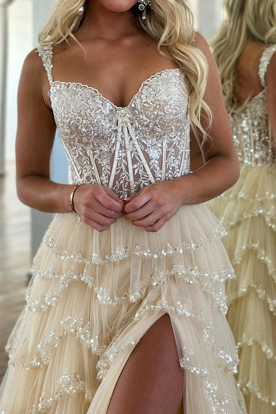 Glitter Beige Corset Tiered Long Tulle Prom Dress with Slit VK23122003