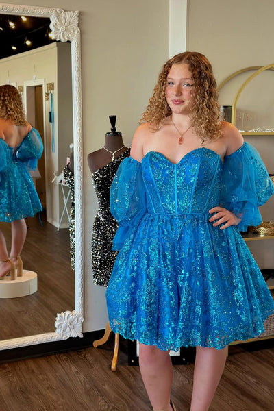 A-Line Sweetheart Blue Lace Short Homecoming Dresses with Sleeves VK25091608