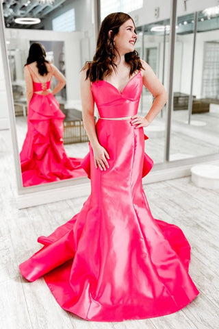 Pink V Neck Satin Two Piece Long Prom Dresses with Ruffle VK24051102
