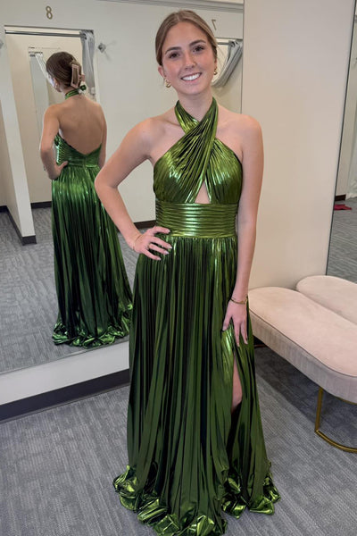 A-Line Halter keyhole Green Silk Satin Pleats Long Prom Dresses with Slit VK26010909