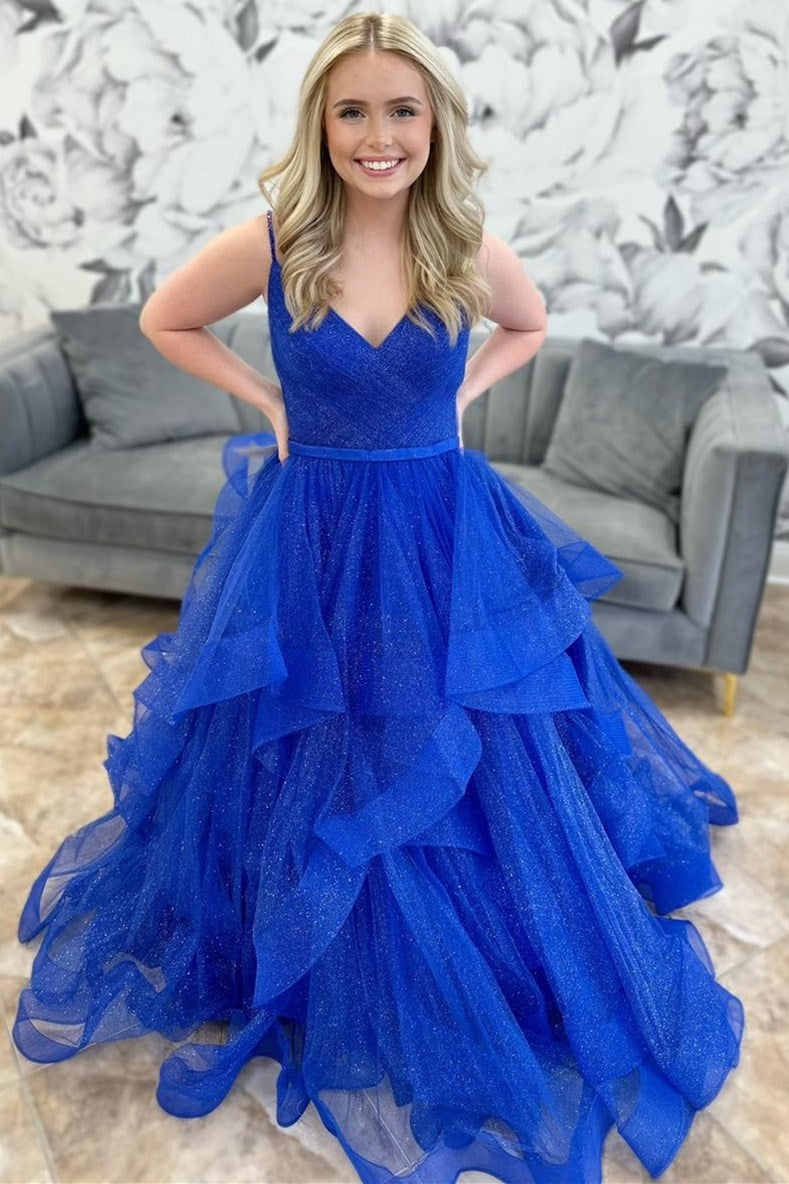 Royal Blue Sparkle Tulle V-Neck Multi-Layer Long Prom Dress VK23112102