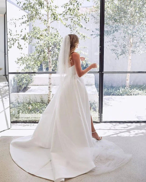 Ball Gown V Neck Pleat Satin Long Wedding Dresses with Slit VK24110705