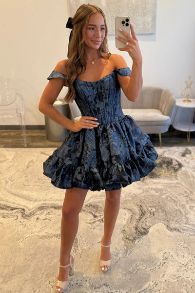 Lovely A-Line Off the Shoulder Pink Floral Printed Short Homecoming Dresses VK25092607