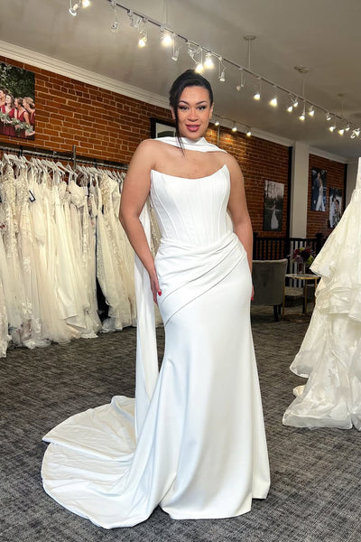 Elegant Mermaid Strapless White Satin Wedding Dresses with Train VK26020301