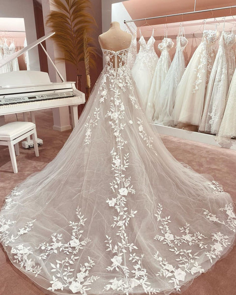 Fairy A Line Sweetheart Tulle Long Wedding Dresses with Appliques VK23061302