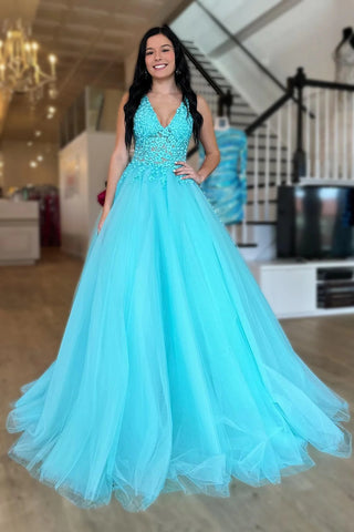 Teal A-Line V Neck Tulle Long Prom Dresses VK23091006