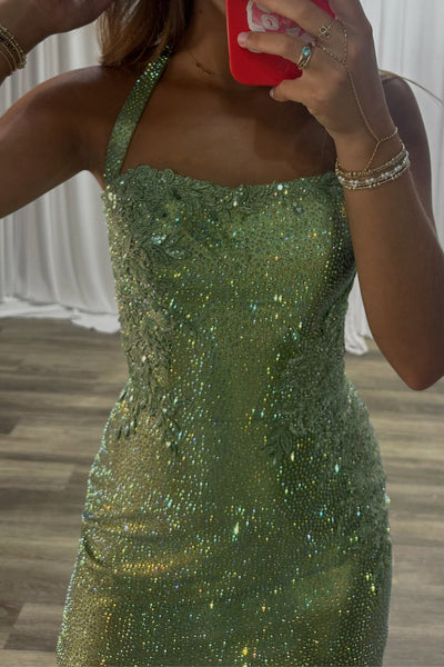 Sparkly Tight Scoop Neck Sage Green Hot Fix Satin Homecoming Dress VK26070505