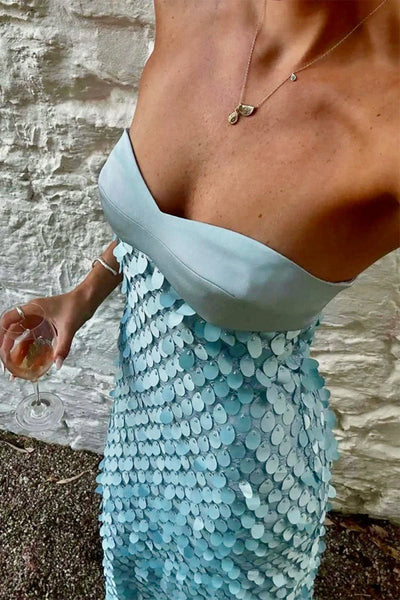 Sheath Strapless Light Blue Satin Sequins Long Prom Dresses VK26010507