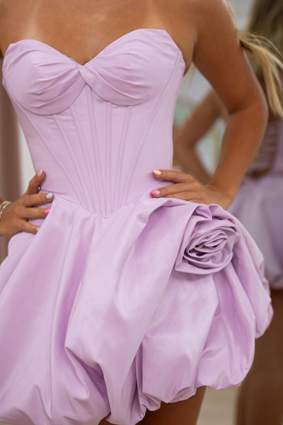 A-Line Sweetheart Lilac Satin Short Homecoming Dresses with Handmade Flower VK26082210
