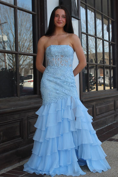 Mermaid Strapless Light Blue Chiffon Tiered Prom Dress with Slit VK030506