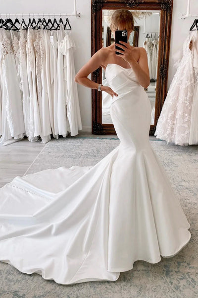 Simple Mermaid Sweetheart White Satin Wedding Dresses VK23082504