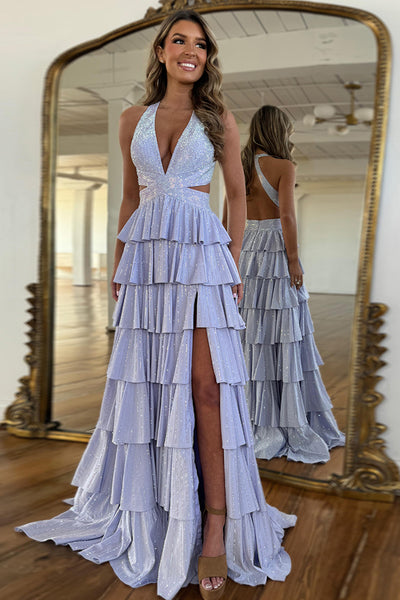 Halter Sparkly Yellow Ruffle Tiered A-Line Long Prom Dress with Slit VK022504