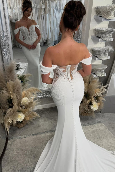 Elegant Mermaid Off the Shoulder Elastic Satin Wedding Dress with Lace VK16012912