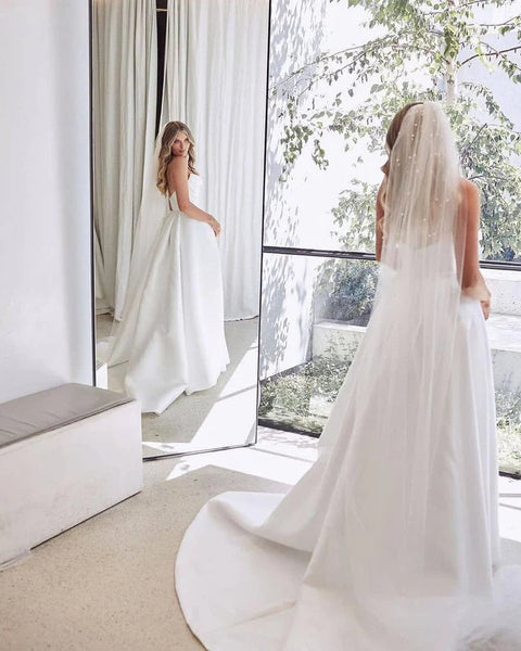 Ball Gown V Neck Pleat Satin Long Wedding Dresses with Slit VK24110705