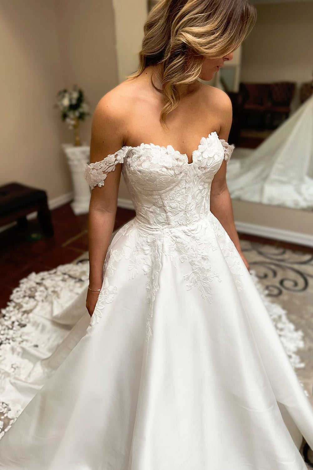 Elegant A Line Off the Shoulder Satin Wedding Dresses with Appliques VK24101802