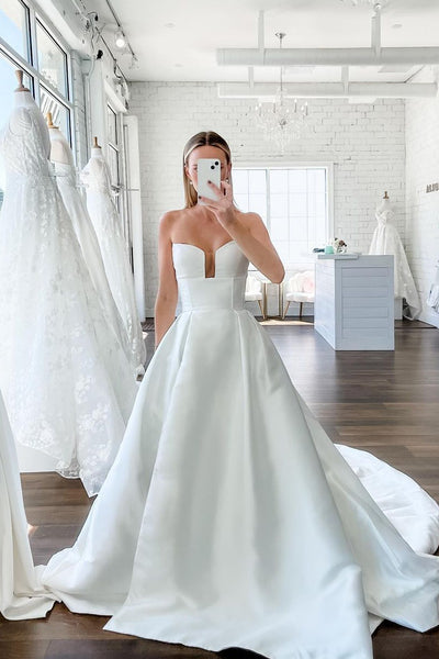 A-Line  V Neck Satin Wedding Dresses with Detachable Straps VK23102401