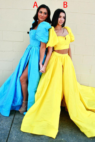 Yellow Two Piece Sweetheart  A-Line Prom Dresses with Slit VK24051605
