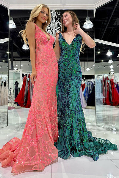 Mermaid V Neck Green Sequin Appliques Long Prom Evening Dresses VK23111803