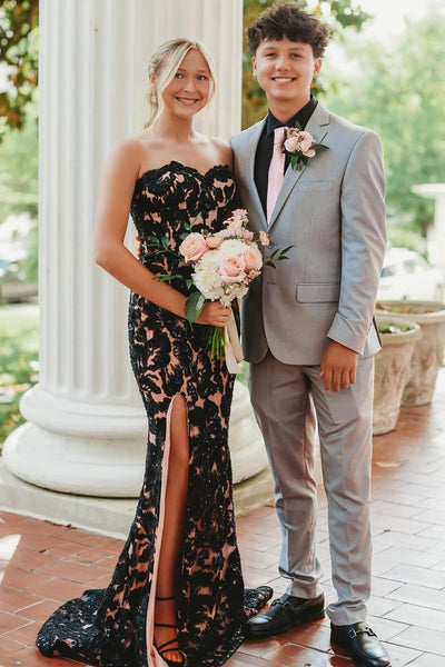 Black Lace Sweetheart Mermaid Long Prom Dresses with Slit VK26011610