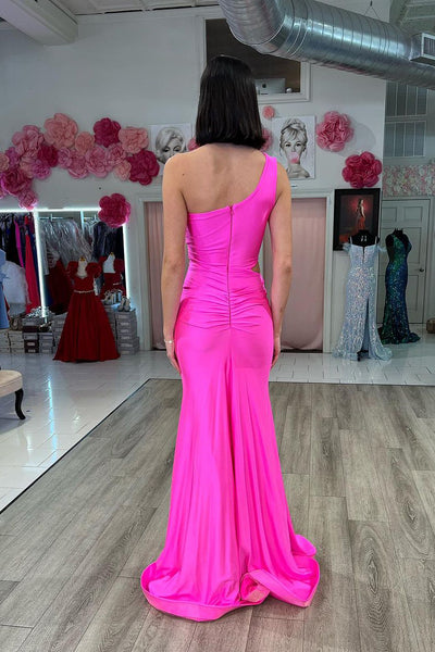 Fuchsia One Shoulder Cutout Mermaid Long Prom Dresses VK24010404