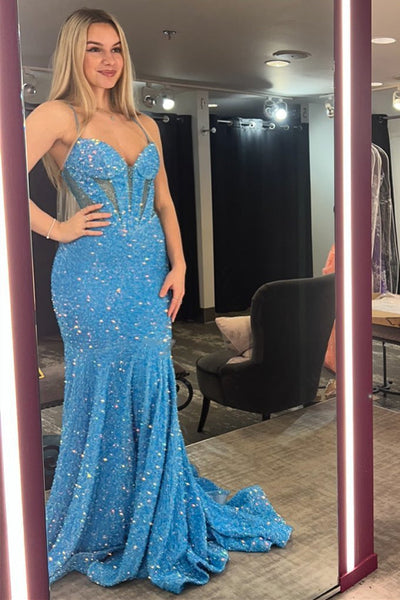 Glitter Mermaid White Sequin Straps Cutout Long Prom Dress VK23122308