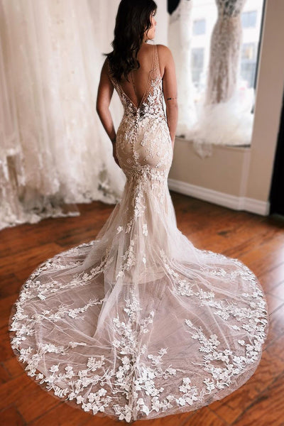 Elegant Mermaid V Neck Tulle Lace Wedding Dress VK23090204
