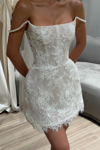 Cute A-Line Off the Shoulder Lace Short Wedding Dresses VK26103009