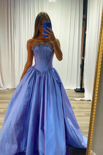 A-Line Strapless Blue Satin Long Prom Dresses with Beading VK26102601