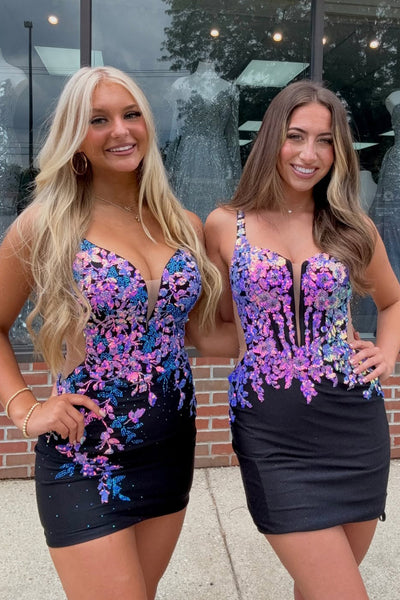 Cute Bodycon V Neck Black Stretch Satin Homecoming Dress VK080604