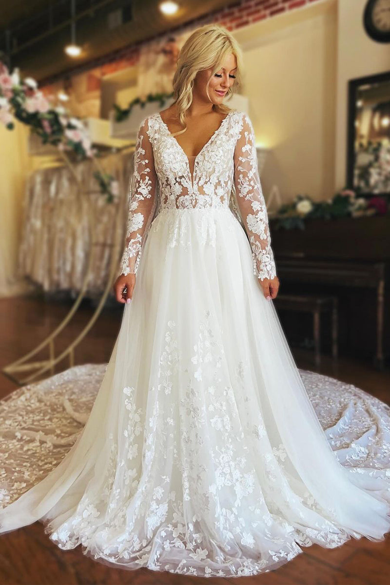 A-Line V Neck Long Sleeve Tulle Lace Wedding Dresses VK23112506