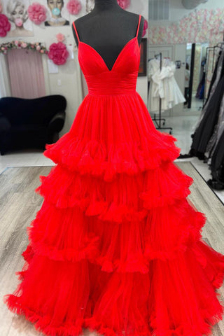 Ball Gown V Neck Spaghetti Straps Red Tiered Tulle Long Prom Dresses VK23082112