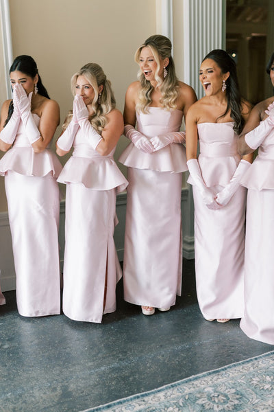 Cute Sheath Strapless Light Pink Sheath Satin Long Bridesmaid Dresses VK26102802