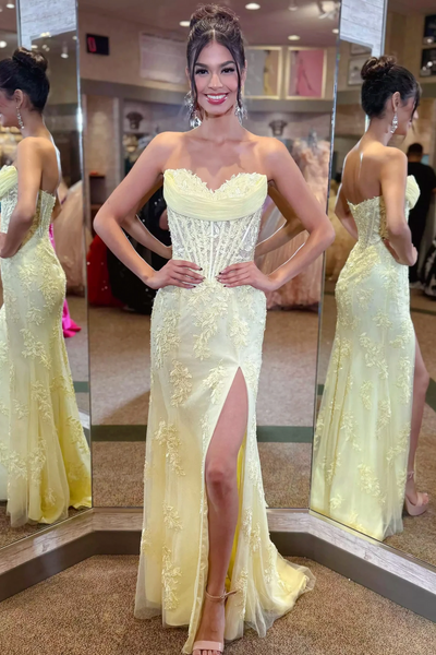 Mermaid Sweetheart Yellow Lace Appliques Long Prom Dresses with Slit VK26011401