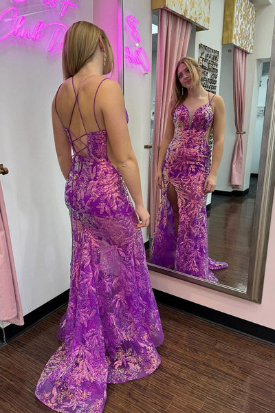 Purple Sequins Lace V Neck Mermaid Long Prom Dress with Slit VK23123108