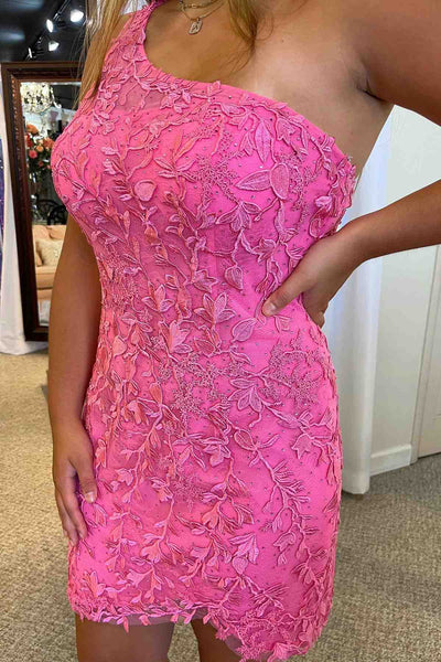 Cute Bodycon One Shoulder Pink Lace Appliques Short Homecoming Dresses VK23062906