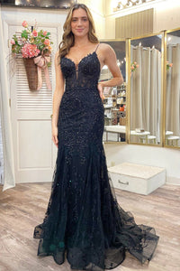 Black Appliques Plunge V Lace-Up Trumpet Prom Gown VK23122702