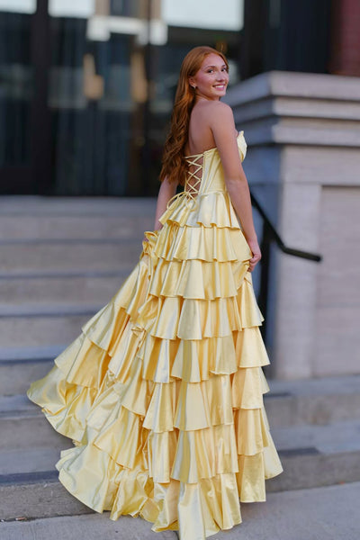 A-Line Strapless Yellow Ruffle Tiered Satin Long Prom Dresses with Side Slit VK25102202
