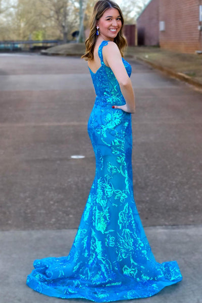 Blue Sequins Lace Mermaid Long Prom Dress with Slit VK24010402