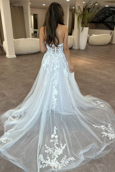 Fairy A Line V Neck Tulle Long Wedding Dresses with Appliques
