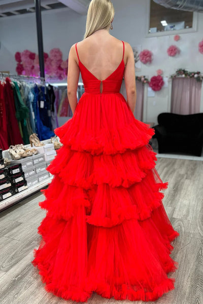 Blue A-Line Tiered Long Tulle Prom Dress with Ruffles VK23082608